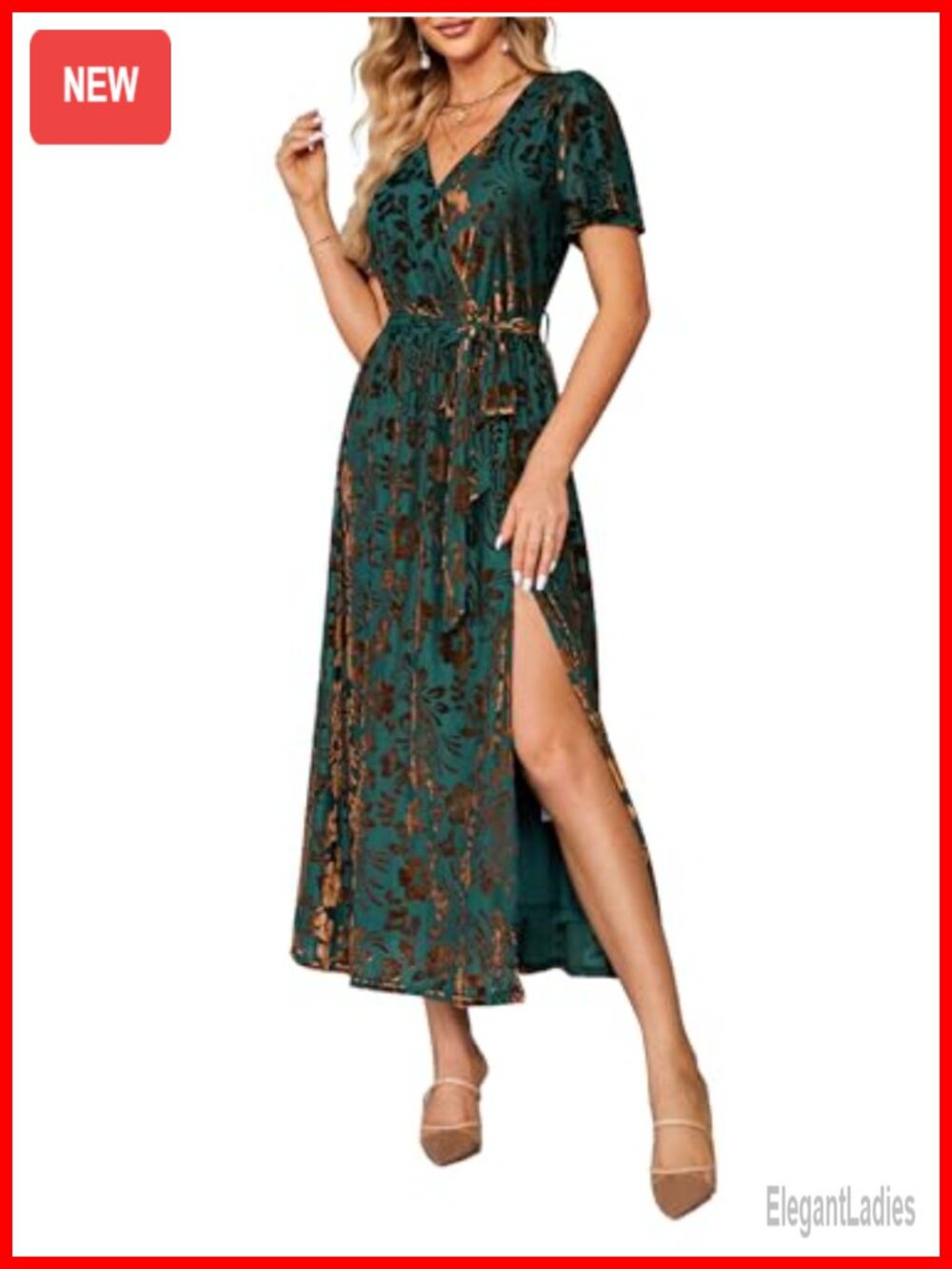 Velvet V Neck Wrap Maxi Dress Ruffle Sleeve Slit Formal Wedding Guest